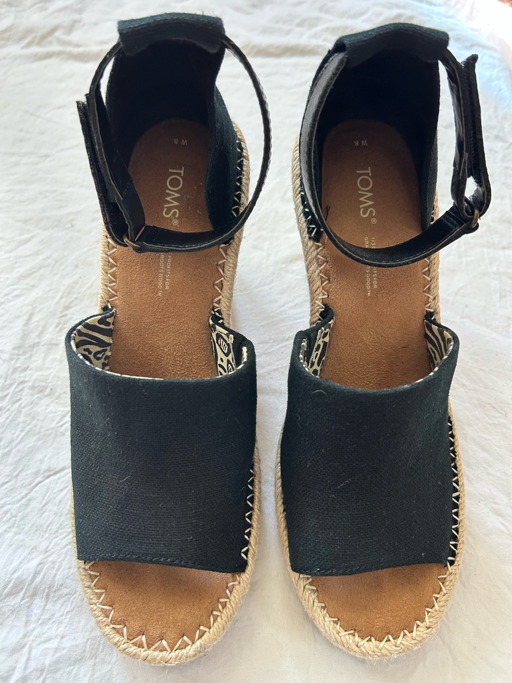 NWOT - TOMS Black Espadrille Wedge Sandals with Velcro Ankle Strap